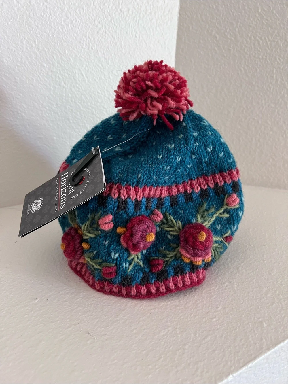 NWT Sundance / Lost Horizons Teal Knit Pom Hat with Pink Floral Embroidery